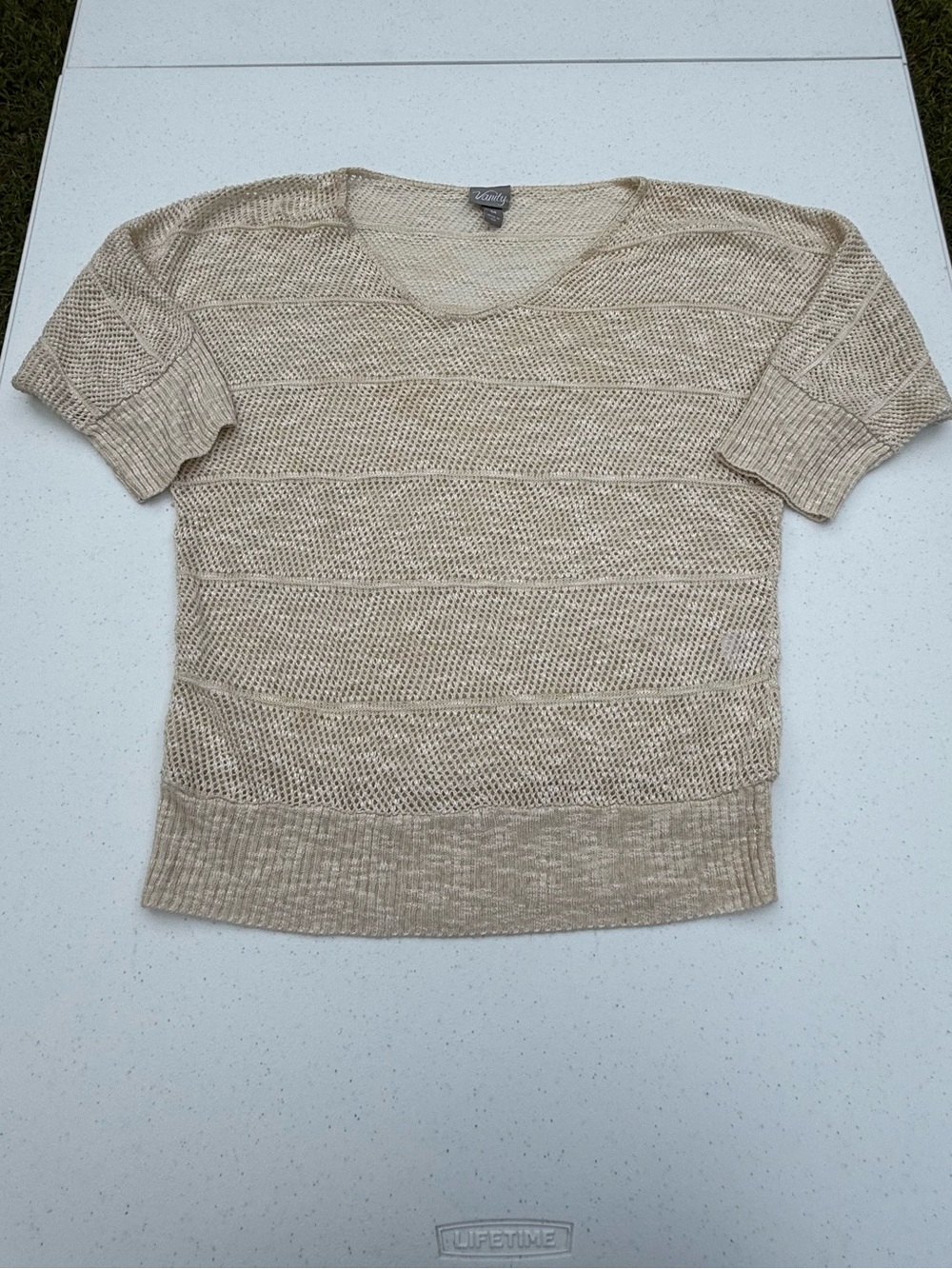 Vanity Cream Open-Knit V-Neck Short Sleeve Sweater